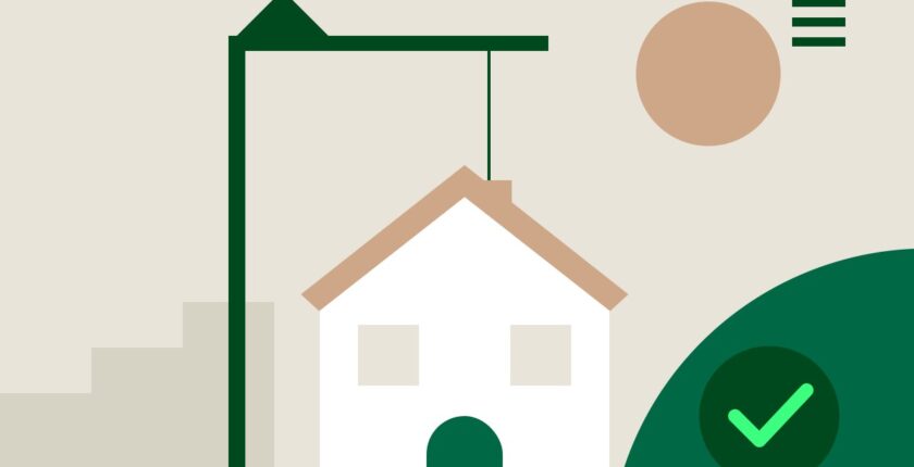 Ilustração: casa, grua e selo de confiança